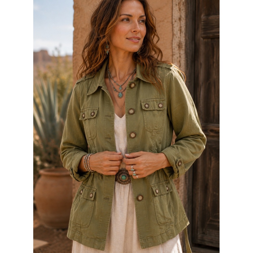 Sundance Linen Cotton Utility Jacket Olive Safari Military‎ Belted Women M